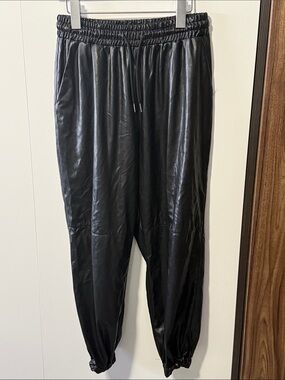 Men's Black Faux Leather Jogger Pants with Elastic Waist